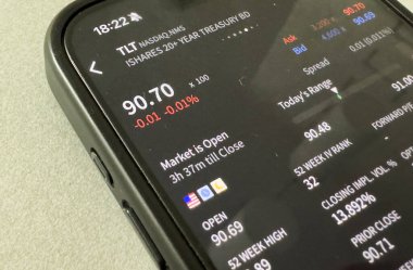 Kyiv, Ukrayna - 20 Mart 2025: Borsa verilerini kontrol etmek için cep telefonu kullanan bir işadamı. Yüksek kalite fotoğraf