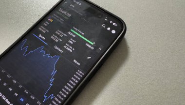 Kyiv, Ukrayna - 20 Mart 2025: iPhone 'da piyasaya ilk çıkışından bu yana hisse senedi endeksi çizelgesi görülmektedir. NYSE 'den çarpıcı bir karalama. Yüksek kalite fotoğraf.