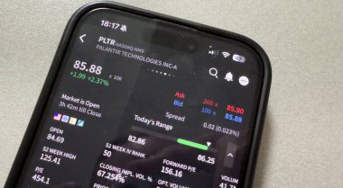 Kyiv, Ukrayna - 20 Mart 2025: Apple borsa uygulamasında yükselen yeşil hisse fiyatlarını gösteriyor. Arka planda, yüksek kaliteli fotoğraf