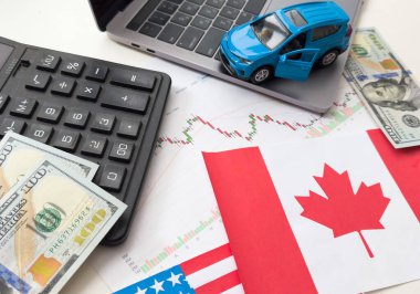 ABD ve Kanada bayrakları, dolar, çizelgeler. Yüksek kalite fotoğraf