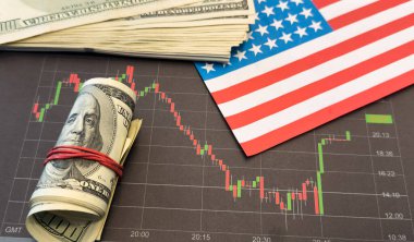 Borsa grafikleri. İki yüz dolarlık banknotlar grafikte kaldı. Ön planda iki yüz Amerikan doları daha var. Makro görüntü. Çizelgede kırmızı ve siyah çizgiler var. - Evet. Yüksek kalite fotoğraf