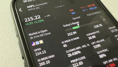 Kyiv, Ukrayna - 20 Mart 2025: Apple borsa uygulamasında yükselen yeşil hisse fiyatlarını gösteriyor. Arka planda, yüksek kaliteli fotoğraf