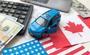 ABD ve Kanada bayrakları, dolar, çizelgeler. Yüksek kalite fotoğraf