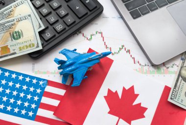 ABD ve Kanada bayrakları, dolar, çizelgeler. Yüksek kalite fotoğraf