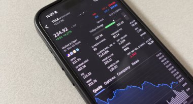 Kyiv, Ukrayna - 20 Mart 2025: iPhone 'da piyasaya ilk çıkışından bu yana hisse senedi endeksi çizelgesi görülmektedir. NYSE 'den çarpıcı bir karalama. Yüksek kalite fotoğraf.