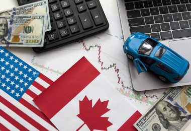 ABD ve Kanada bayrakları, dolar, çizelgeler. Yüksek kalite fotoğraf