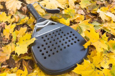 Padel raketi ve sarı sonbahar yaprakları. Yüksek kalite fotoğraf