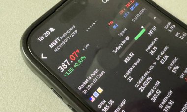 Kyiv, Ukrayna - 20 Mart 2025: Microsoft MSFT borsası. Finansal grafikler, yatırım, dijital bankacılık konsepti fotoğrafı. Elinde borsa uygulaması olan akıllı bir telefon. Yüksek kalite fotoğraf