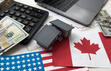 ABD ve Kanada bayrakları, dolar, çizelgeler. Yüksek kalite fotoğraf