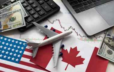 ABD ve Kanada bayrakları, dolar, çizelgeler. Yüksek kalite fotoğraf