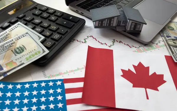 ABD ve Kanada bayrakları, dolar, çizelgeler. Yüksek kalite fotoğraf