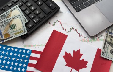 ABD ve Kanada bayrakları, dolar, çizelgeler. Yüksek kalite fotoğraf