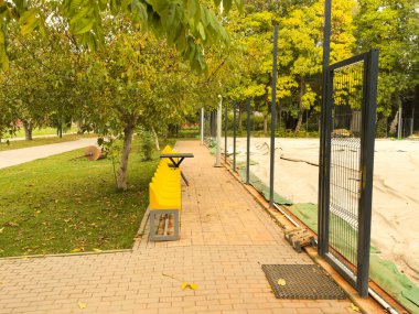 Sonbaharda asfalt bir geçidi kaplayan kırmızı yapraklı ağaçların oluşturduğu sıra - yukarıda bulutlu bir gökyüzü - çimenlere saçılmış. Yüksek kalite fotoğraf