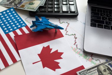 ABD ve Kanada bayrakları, dolar, çizelgeler. Yüksek kalite fotoğraf