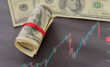 Finansal tablonun arka planında Amerikan doları var. Konsept Ekonomi, iş yatırımları, ekonomik kriz, kardaki düşüş, durgunluk. Karışık medya. Yüksek kalite fotoğraf