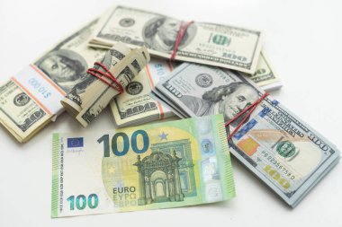  Banknotlar, Amerikan doları, Avrupa para birimi, euro, çeşitli paralar. Yüksek kalite fotoğraf