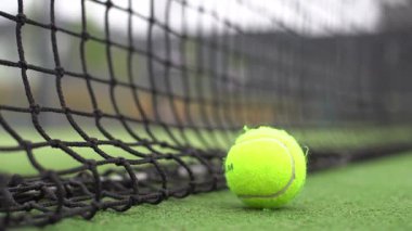 4K kortunda çimlerin üzerinde tenis toplarının yakın çekimi. Yüksek kalite 4k görüntü