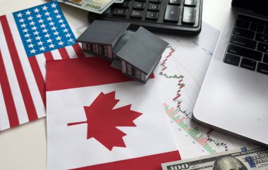 ABD ve Kanada bayrakları, dolar, çizelgeler. Yüksek kalite fotoğraf