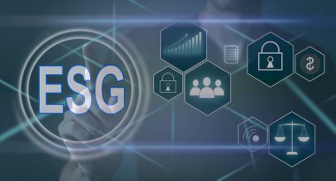ESG simge kavramı, çevre, toplum ve sürdürülebilir sektörde iyi yönetim kavramında sanal ekran görüntüsü ve ağ üzerinde etik.