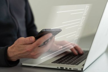 Online documentation database and document management system concept. Businesswoman working on laptop with virtual screen. Process automation to efficiently manage files.