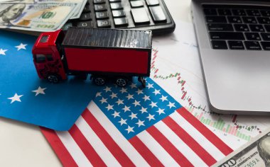 Birleşik Devletler ve Avrupa Birliği bayrakları, dolar ve çizelgeler. Yüksek kalite fotoğraf