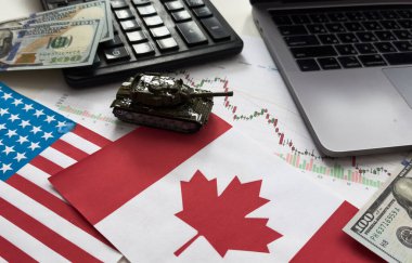 ABD ve Kanada bayrakları, dolar, çizelgeler. Yüksek kalite fotoğraf