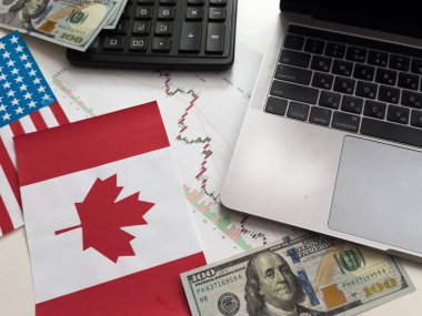 ABD ve Kanada bayrakları, dolar, çizelgeler. Yüksek kalite fotoğraf