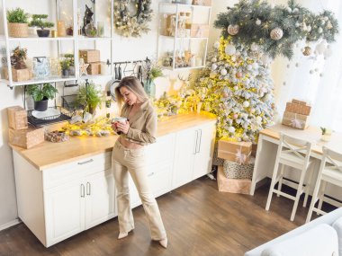 Neşeli, gülümseyen genç bir kadın evin sıcak bir iç odasında Noel tatili için hazırlanıyor. Yüksek kalite fotoğraf