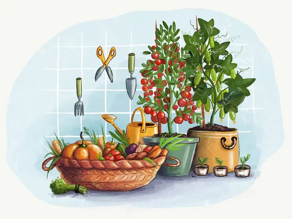 Boceto Digital Dibujado Mano Con Una Cesta Verduras Maduras Plantas Imágenes de stock libres de derechos