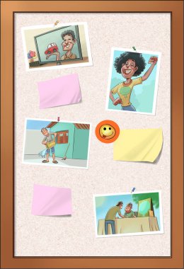 Mantar tahtada fotoğraflar ve yapışkan notlar