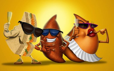characters based on three Brazilian snacks, natural sandwich, kibbeh and coxinha clipart