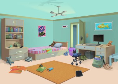 A room that belongs to a boy with various objects scattered around