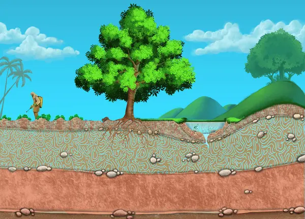 Man putting pesticides on crops in a scenario that has the soil cut and shows its layers