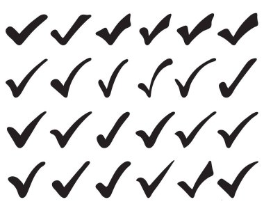 Beyaz arkaplanda izole edilmiş ögeleri işaretle. Siyah onay işareti simgesi. Onaylama işareti. 