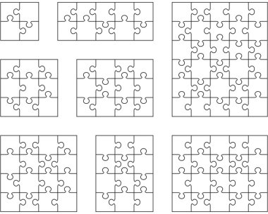 Illustration of eight different white puzzles, separate pieces