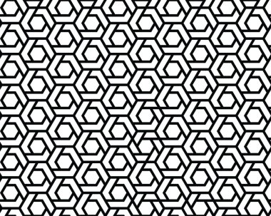 Geometrik siyah altıgenler beyaz arkaplan üzerinde kusursuz desen, yaratıcı tasarım şablonu