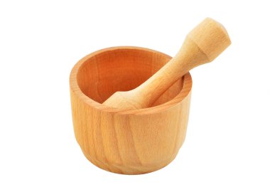 Topuzlu ahşap havan topu, beyaz arkaplanda izole edilmiş.