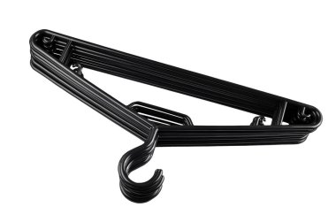 Siyah plastik elbise askısı, beyaz arka planda izole edilmiş.