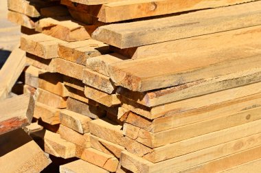 İnşaat alanında istiflenmiş çam ağacı kirişi.