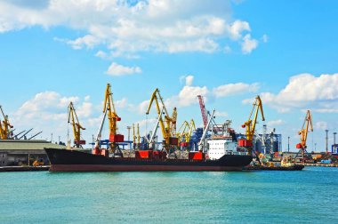 Odessa, Ukrayna 'da iskele vinci altında kargo gemisi.