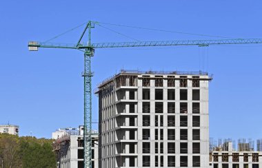 Bulutlu gökyüzüne karşı inşaat alanında turna