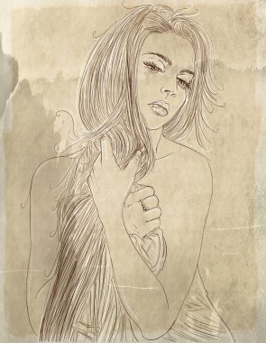 Kadın, zarif, uzun saçlı, arka planda, kadim arka planda, çizgi sanatında, klasik