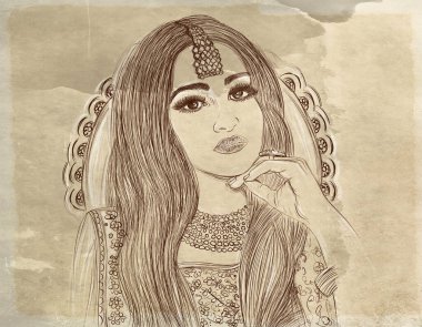 Kadın, zarif, uzun saçlı, arka planda, antik arka planda, çizgi sanatı, klasik, indin