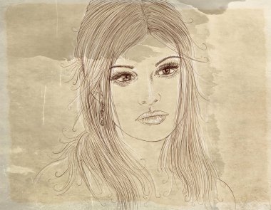 Kadın, zarif, uzun saçlı, arka planda, kadim arka planda, çizgi sanatında, klasik