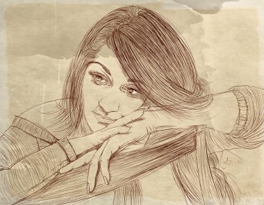 Kadın, zarif, uzun saçlı, arka planda, kadim geçmişi olan, çizgi sanatı, klasik, hüzünlü