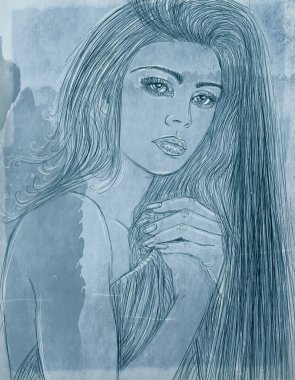 Kadın, zarif, uzun saçlı, arka planda, kadim arka planda, çizgi sanatında, klasik