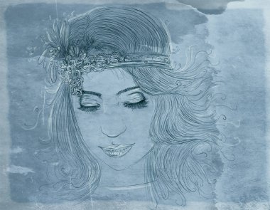 Kadın, zarif, uzun saçlı, arka planda, kadim arka planda, çizgi sanatında, klasik