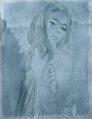 Kadın, zarif, uzun saçlı, arka planda, kadim arka planda, çizgi sanatında, klasik