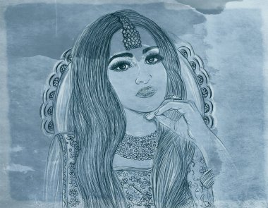 Kadın, zarif, uzun saçlı, arka planda, kadim arka planda, çizgi sanatında, klasik