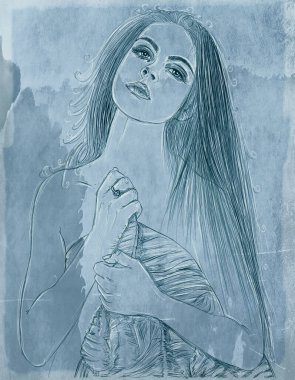 Kadın, zarif, uzun saçlı, arka planda, kadim arka planda, çizgi sanatında, klasik